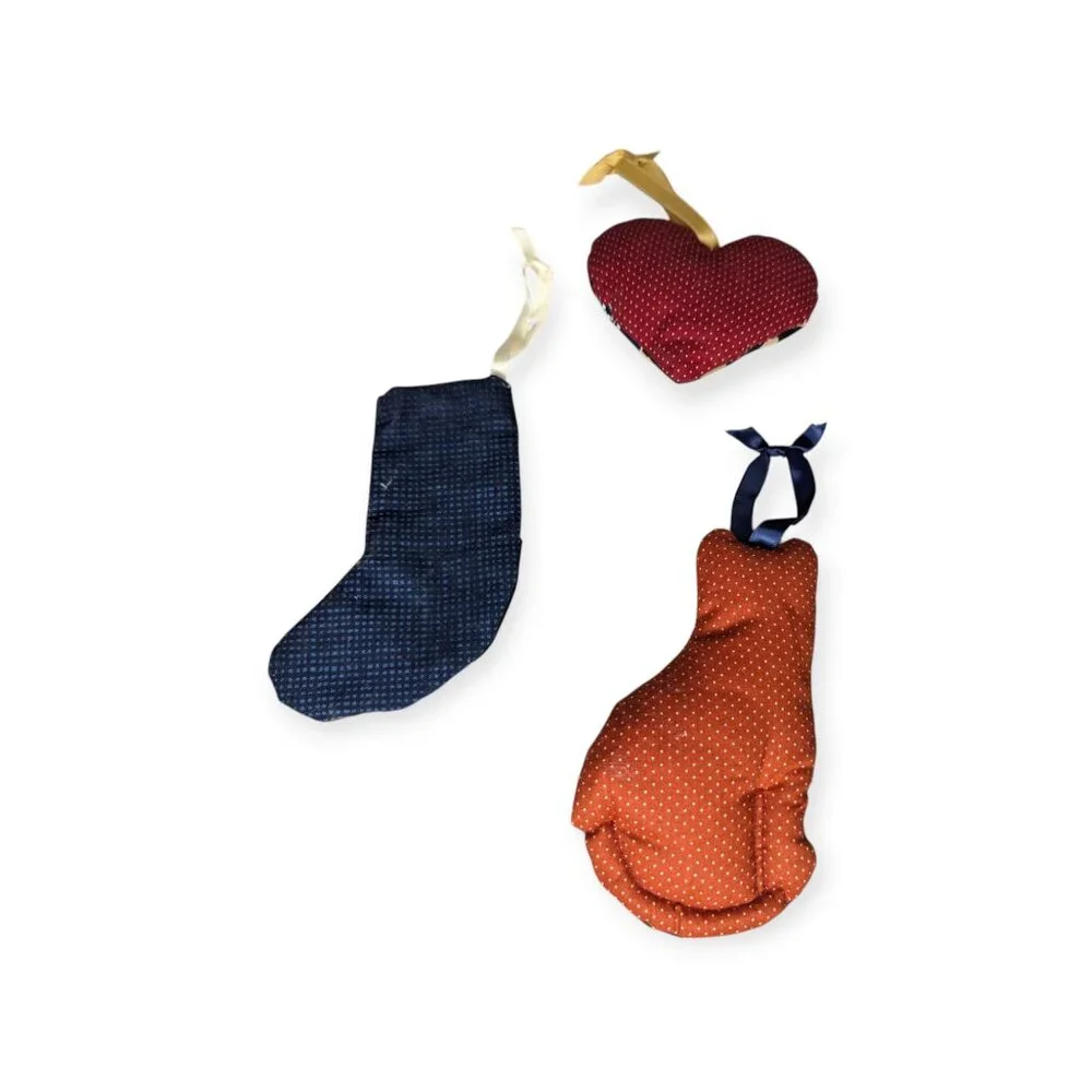 Set of 3 Crazy Quilt Multicolor Christmas Ornaments Stocking, Heart & Cat